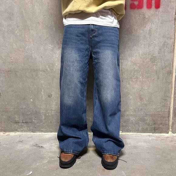 Vintage Baggy Y2k Urban Wide Leg Blue Faded Distress Wash Denim Skater Jeans